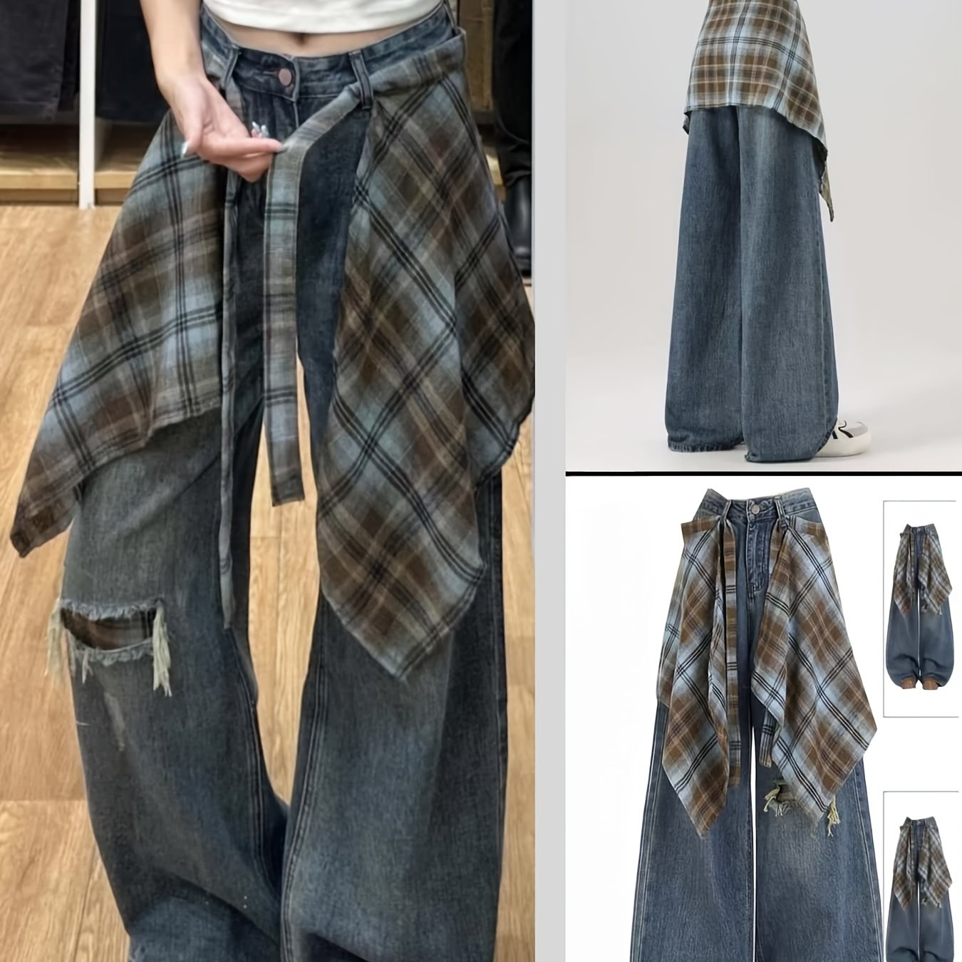 TEMU Spodnica damska w stylu A-Line z japońskim i koreańskim wzorem w kratę, elegancka i modna, z ozdobnym pasem, spódniczka z falbankami, ukrywająca