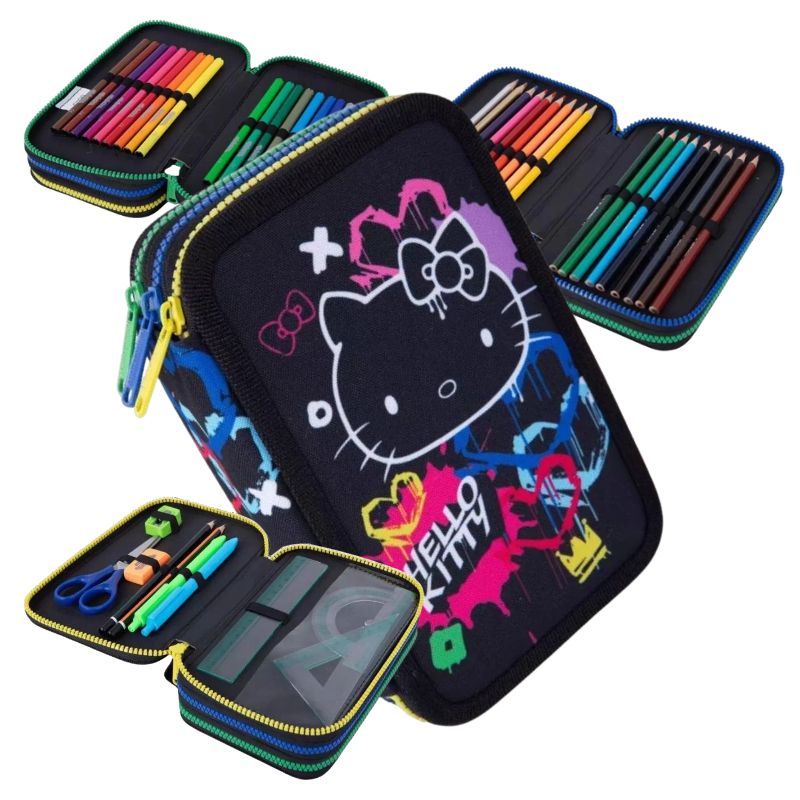 Piórnik Szkolny Hello Kitty Czarny Neon Coolpack Z Pełnym Wyposażeniem Trzykomorowy Rozkładany Do Szkoły