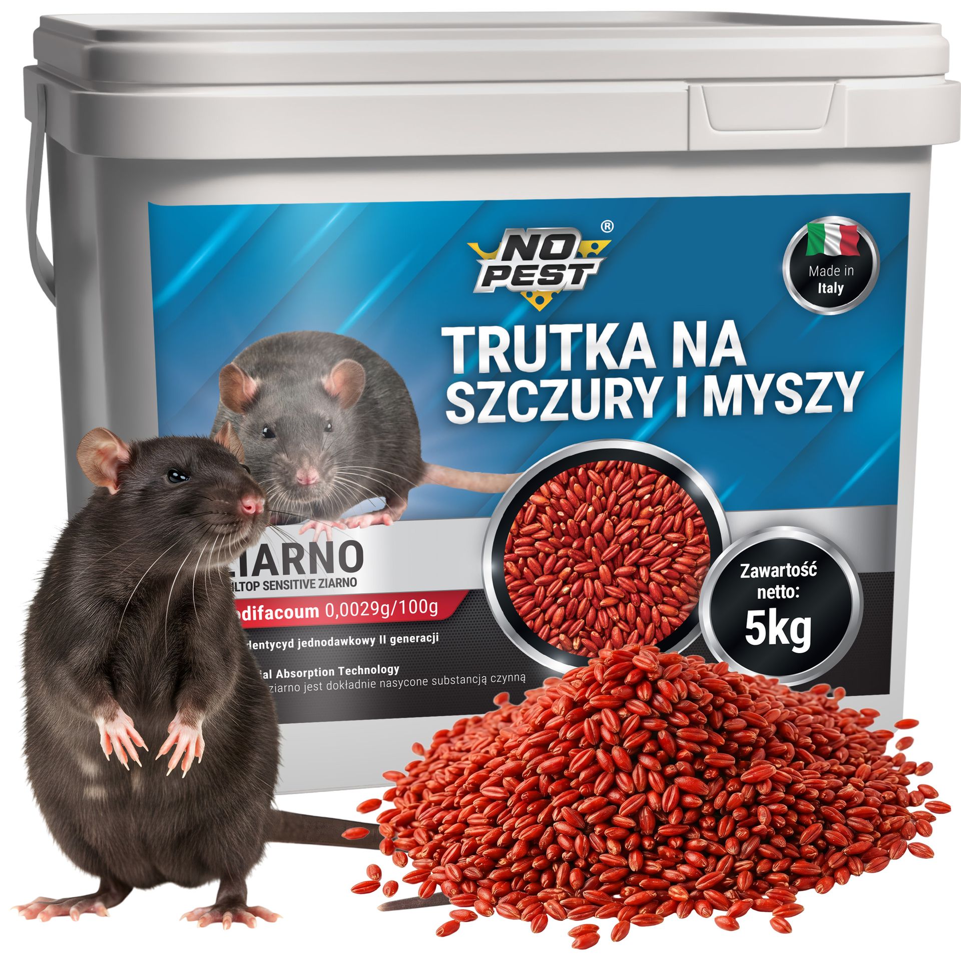 No Pest® Trutka na szczury i myszy, gryzonie 5 kg brodifakum czerwone ziarno