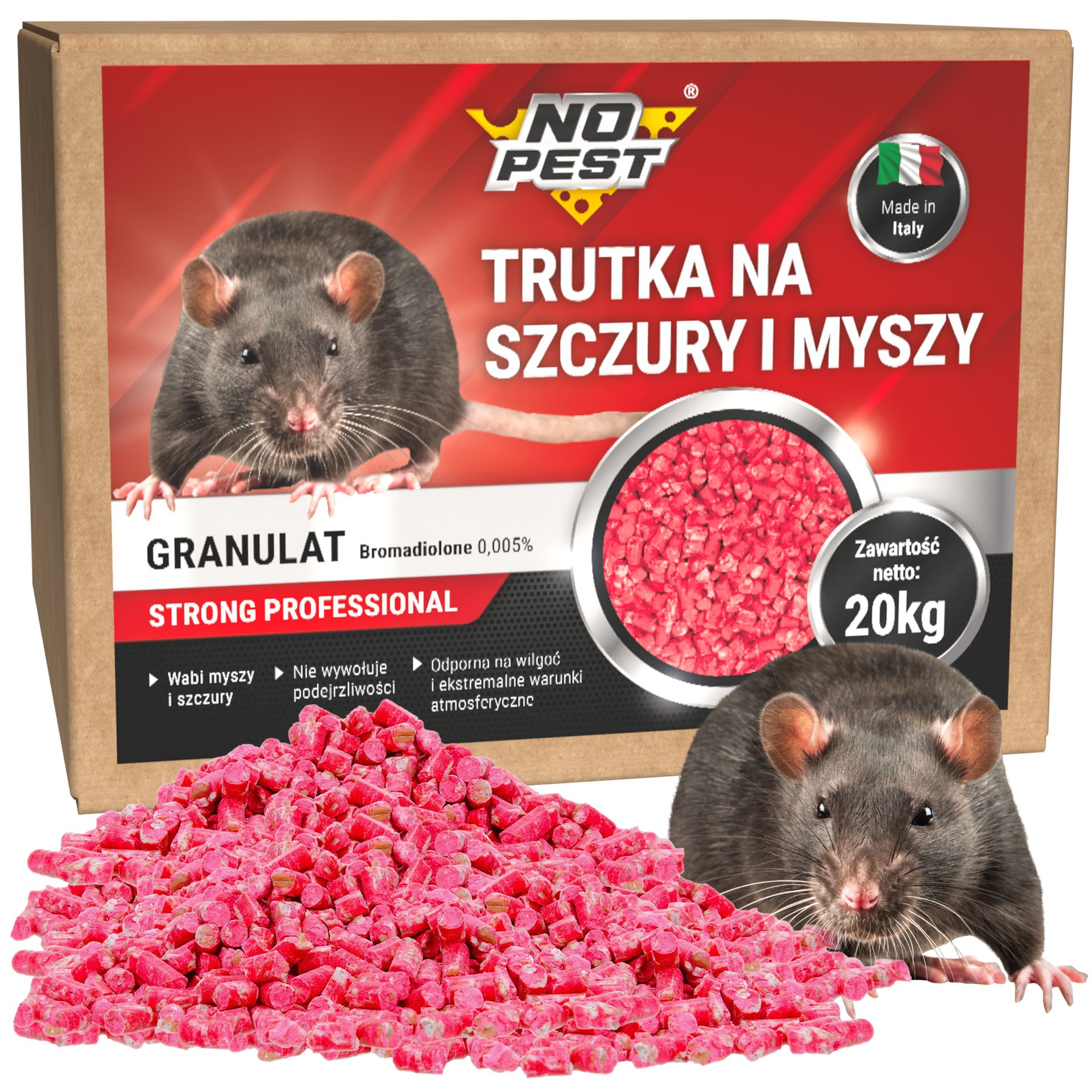 No Pest® Trutka na szczury, myszy, gryzonie bromadiolon czerwony granulat, pellet 20kg
