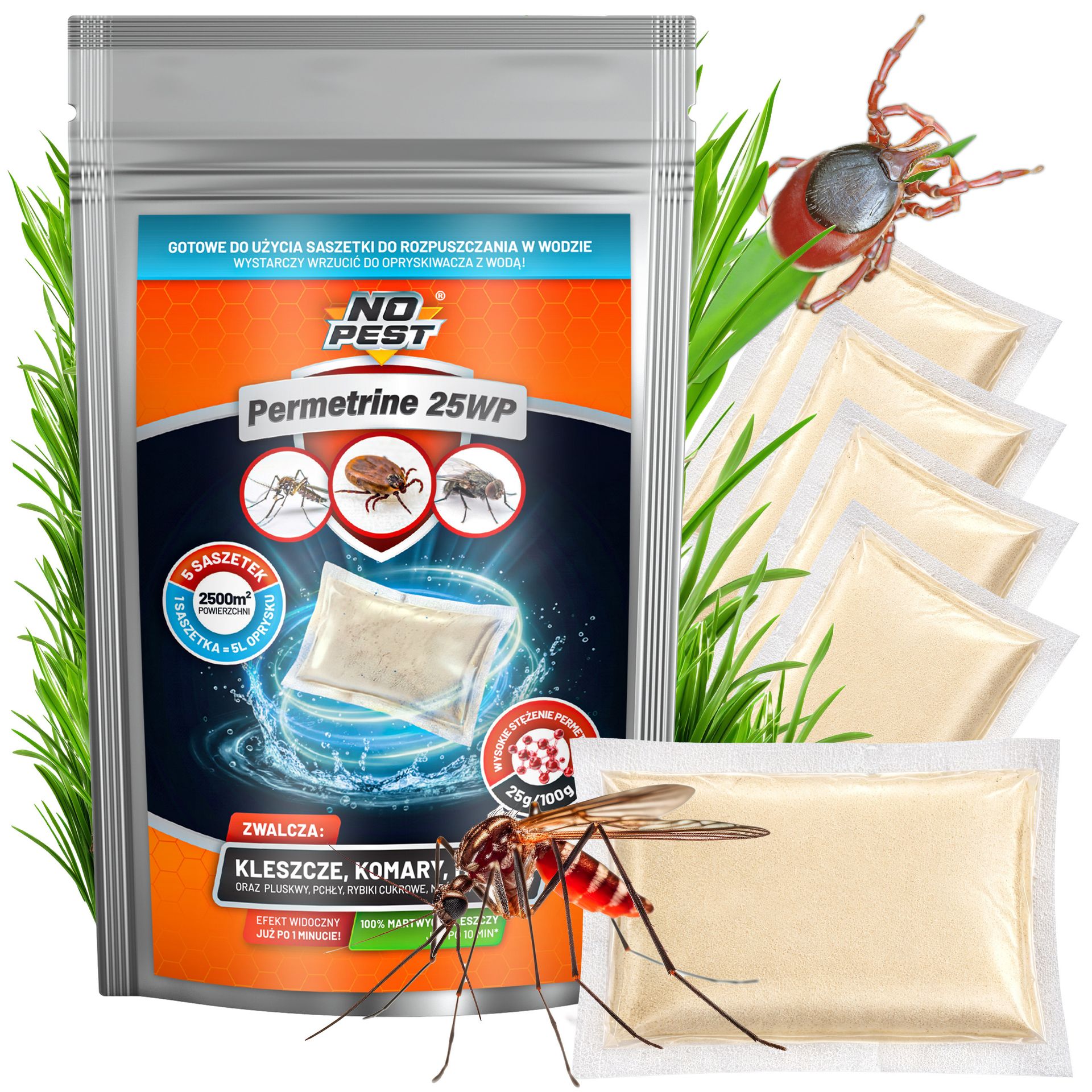 No Pest® Silny oprysk na kleszcze, komary i muchy Permetrine 25WP saszetki wodorozpuszczalne 5x12,5 g.