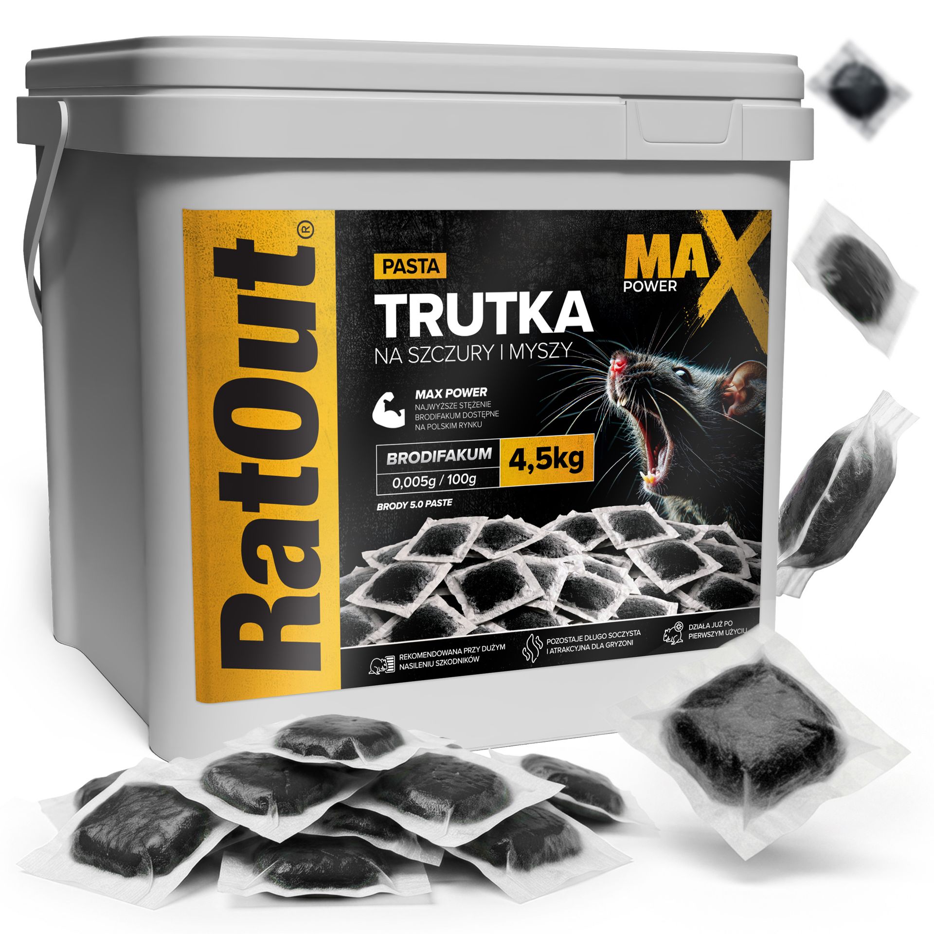 RatOut® Najmocniejsza trutka na szczury, myszy, gryzonie od pasta brodifakum MaX Power 4,5 kg