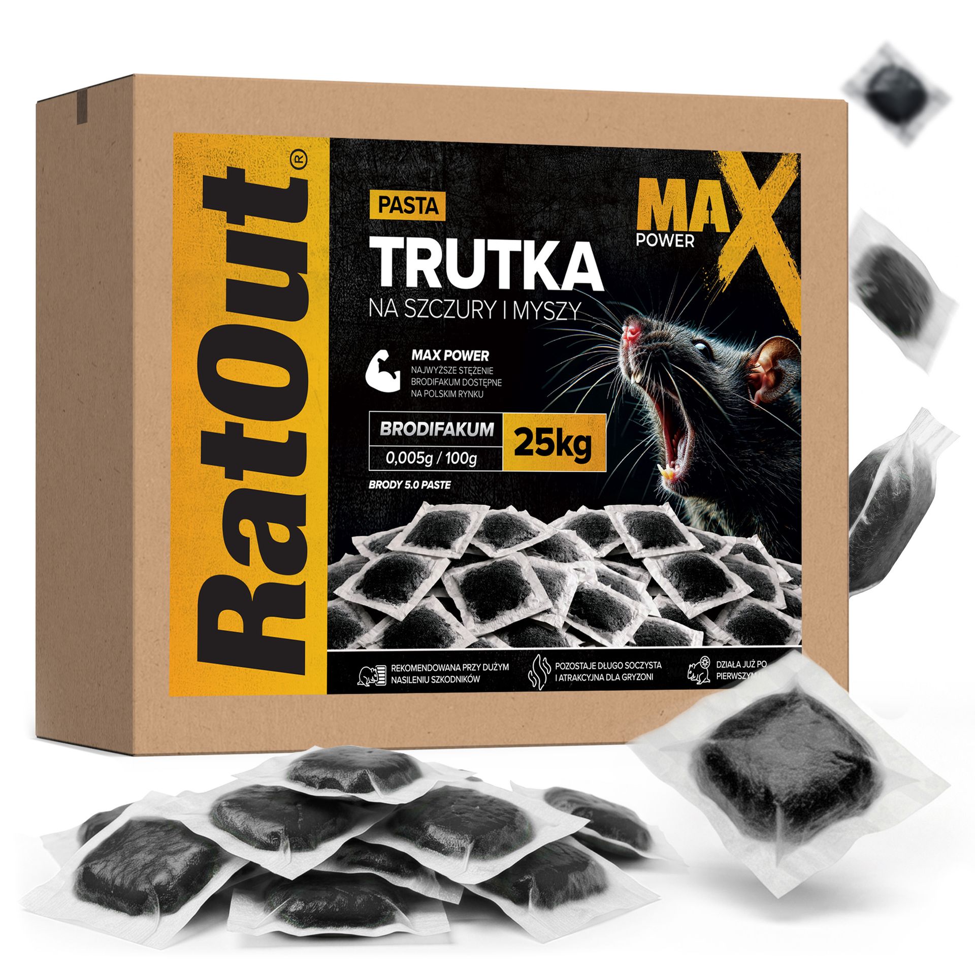RatOut® Najmocniejsza trutka na szczury, myszy, gryzonie od pasta brodifakum MaX Power 25 kg