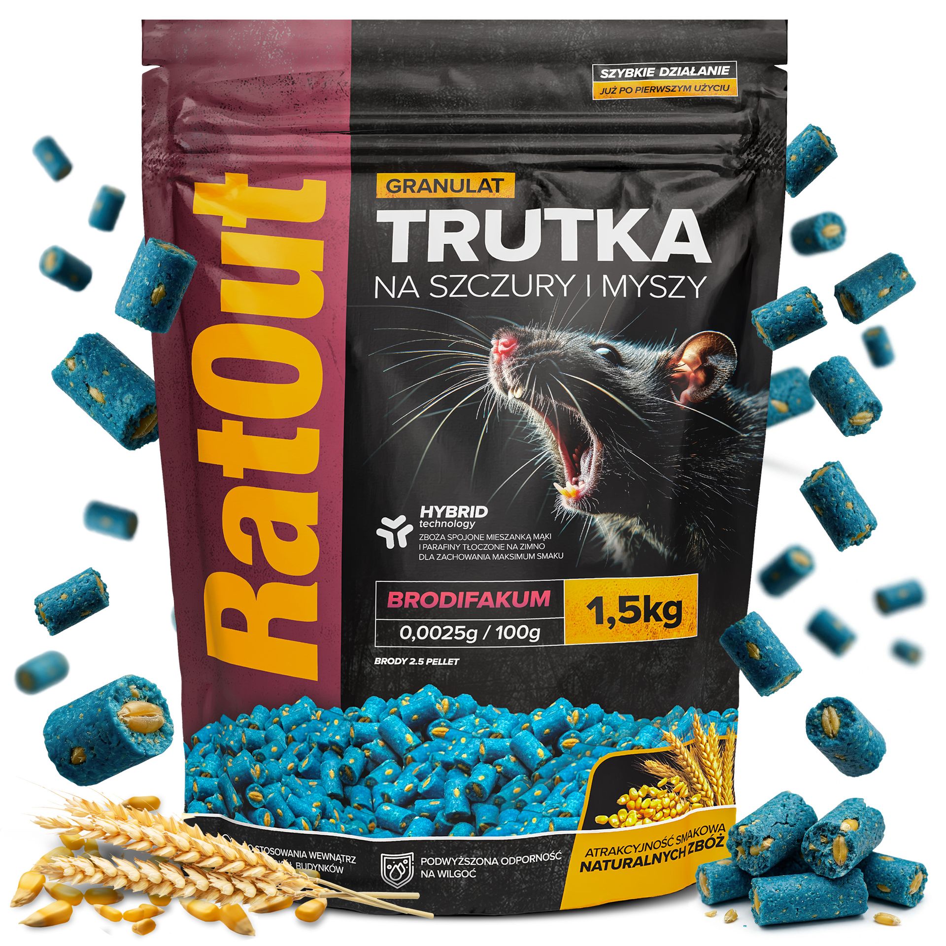 RatOut® Trutka na szczury, myszy, gryzonie, granulat, pellet brodifakum worek 1,5 kg