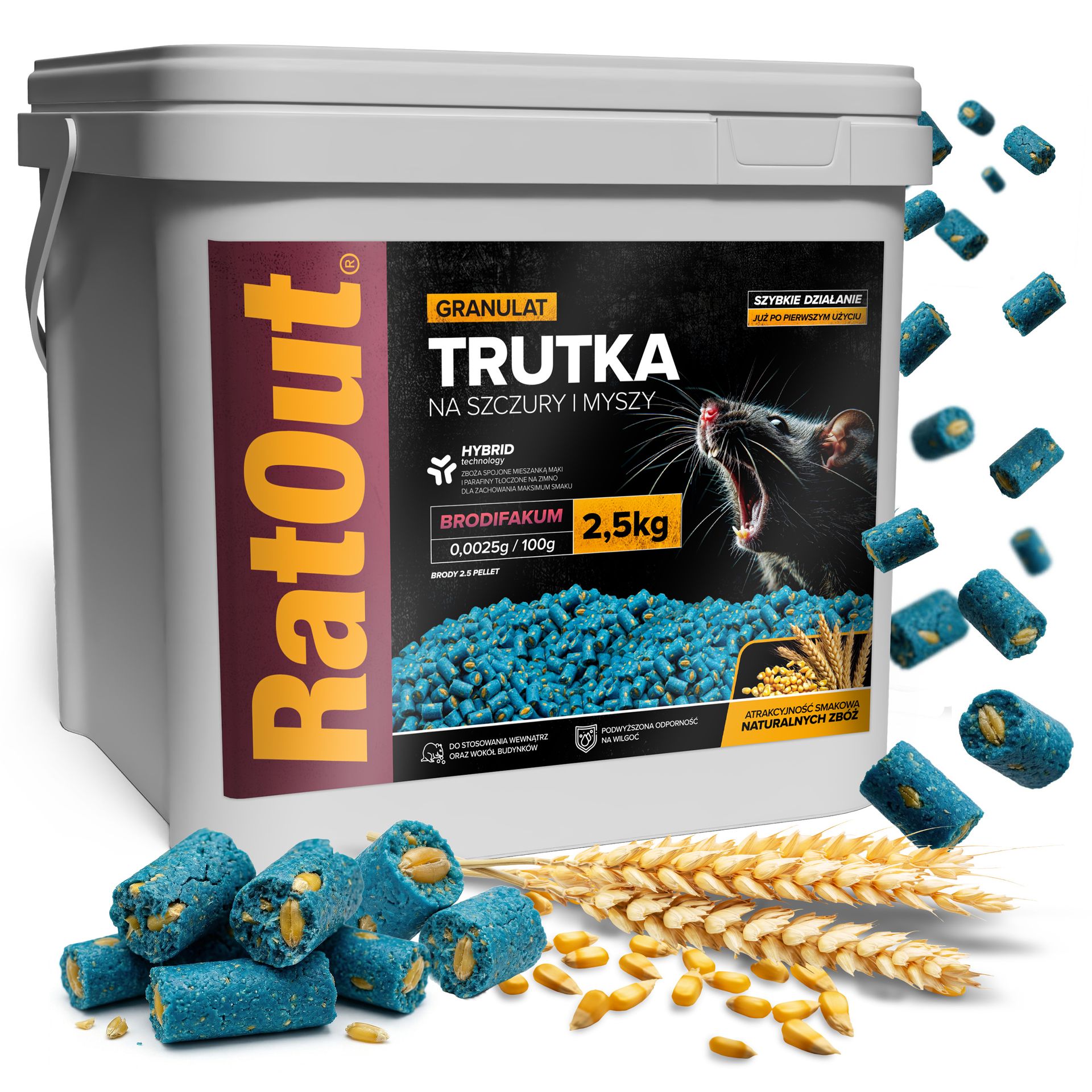 RatOut® Trutka na szczury, myszy, gryzonie, granulat, pellet brodifakum wiadro 2,5 kg