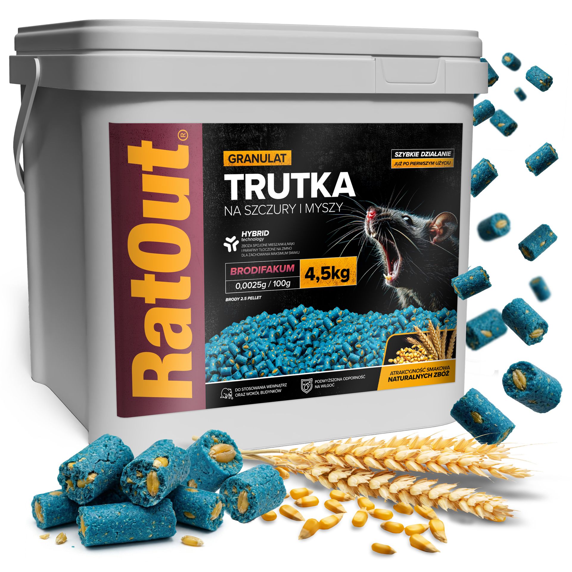 RatOut® Trutka na szczury, myszy, gryzonie, granulat, pellet brodifakum wiadro 4,5 kg