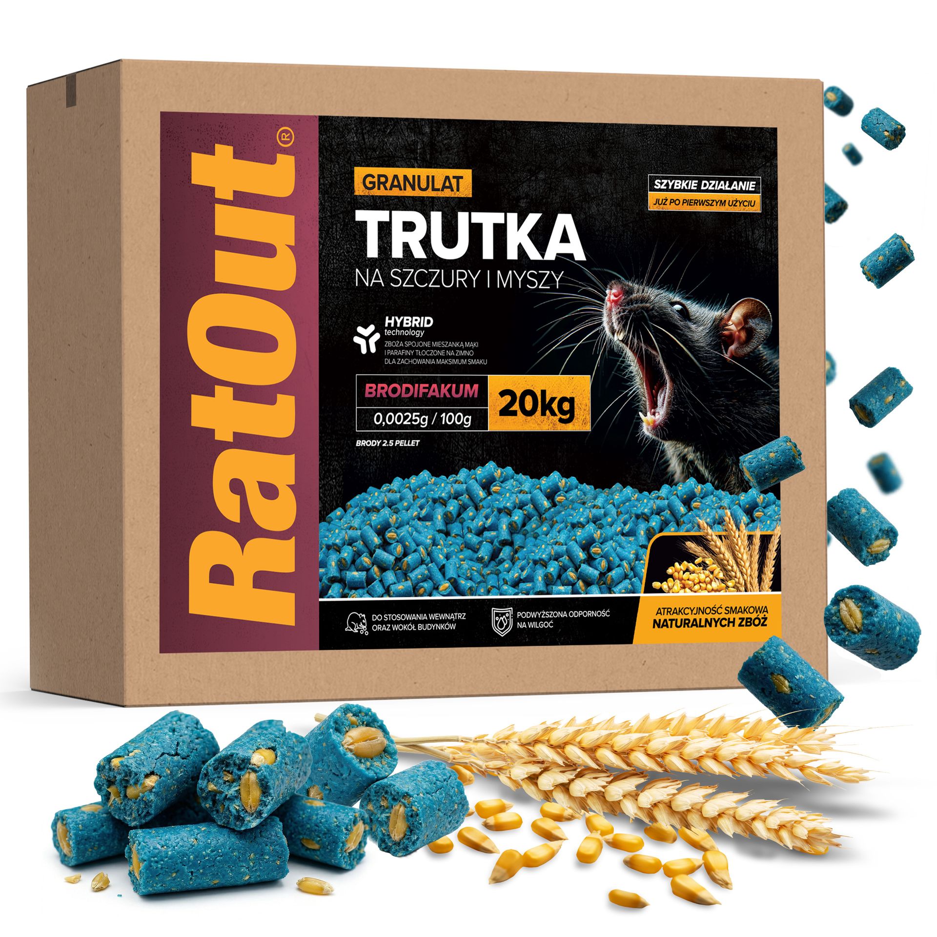 RatOut® Trutka na szczury, myszy, gryzonie, granulat, pellet brodifakum karton 20 kg