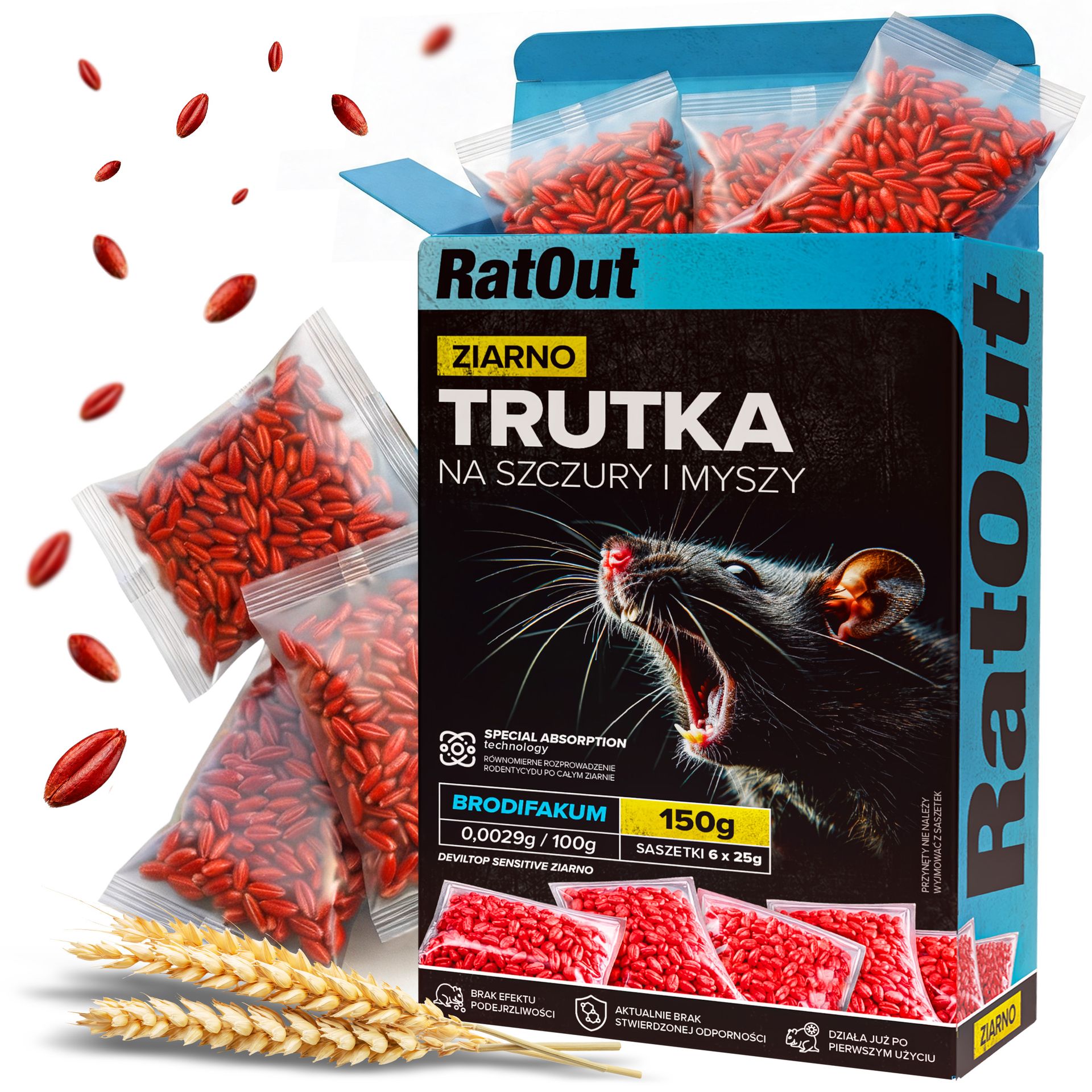 RatOut® Trutka na myszy, szczury, gryzonie, zatrute ziarno brodifakum 150 g