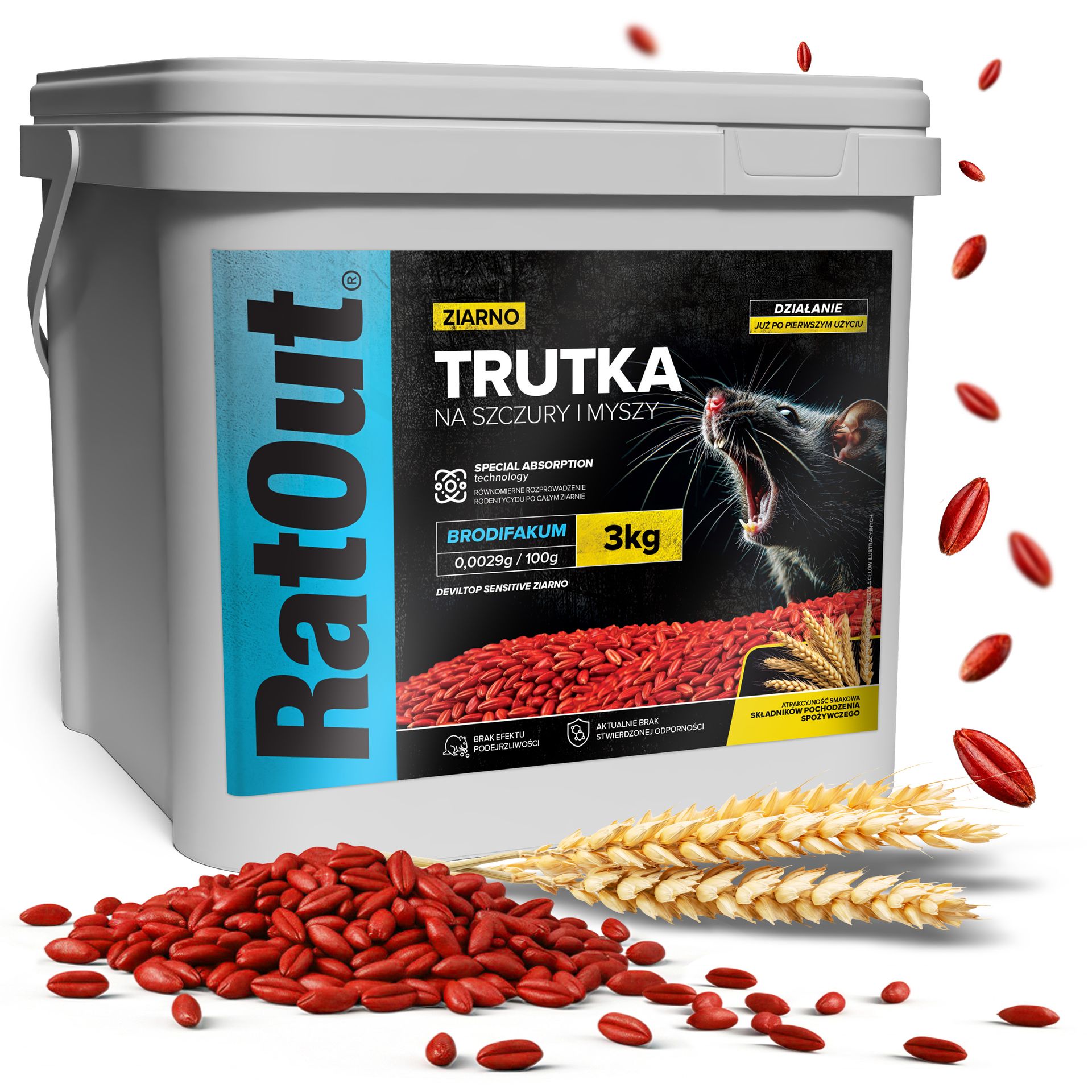 RatOut® Trutka na myszy, szczury, gryzonie, zatrute ziarno brodifakum wiadro 3 kg