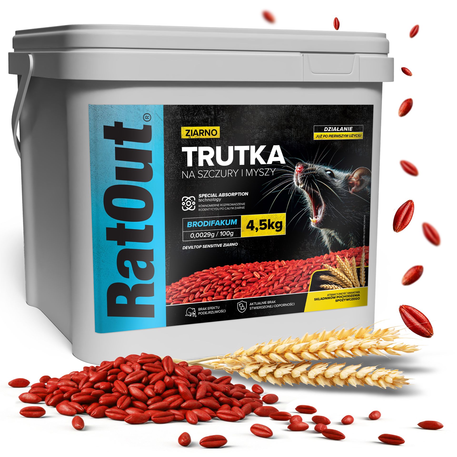 RatOut® Trutka na myszy, szczury, gryzonie, zatrute ziarno brodifakum wiadro 4,5 kg