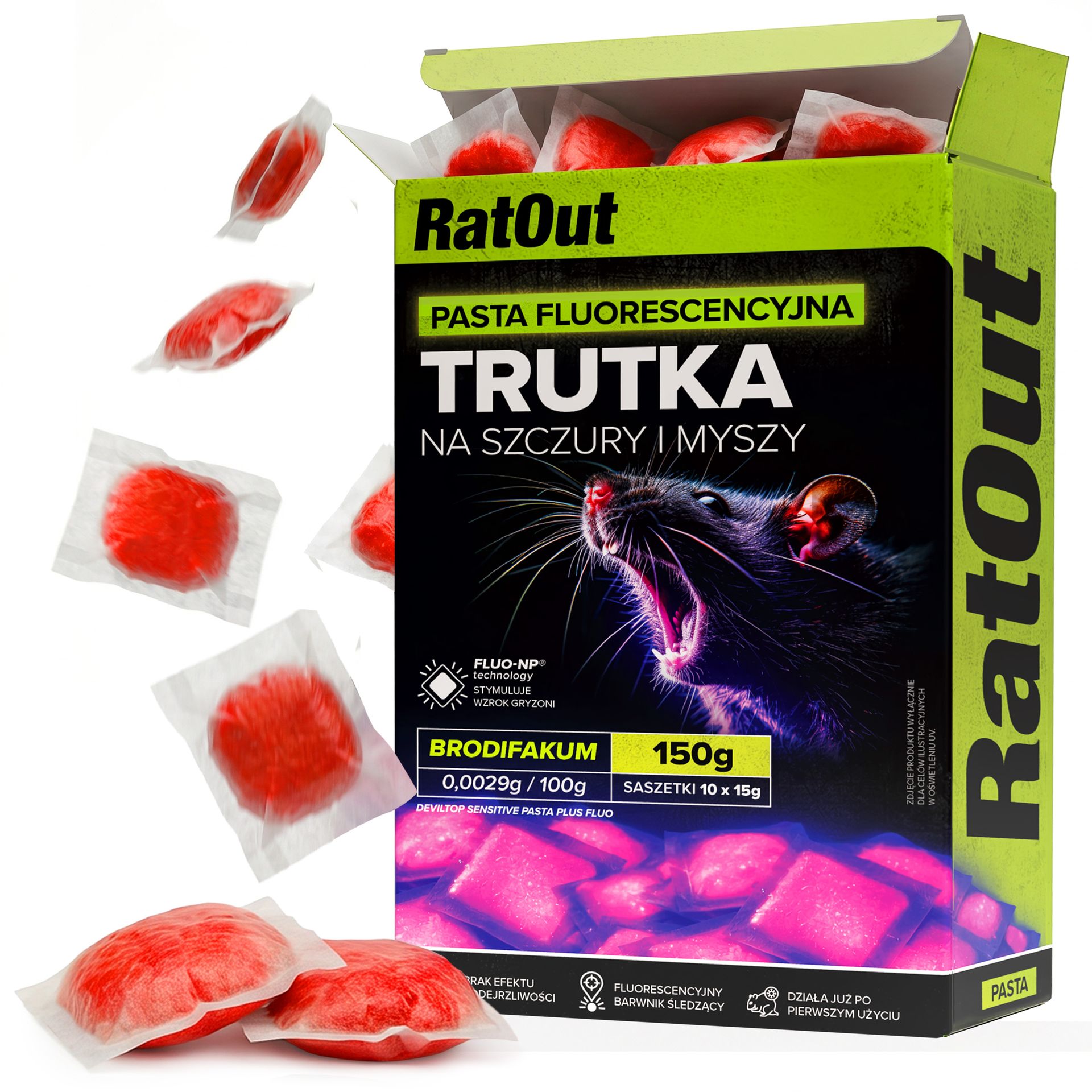 RatOut® Trutka na myszy, szczury, gryzonie, pasta fluorescencyjna brodifakum 150 g