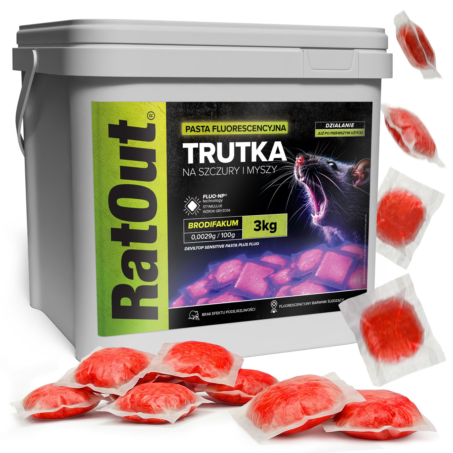 RatOut® Trutka na myszy, szczury, gryzonie, pasta fluorescencyjna brodifakum wiadro 3 kg