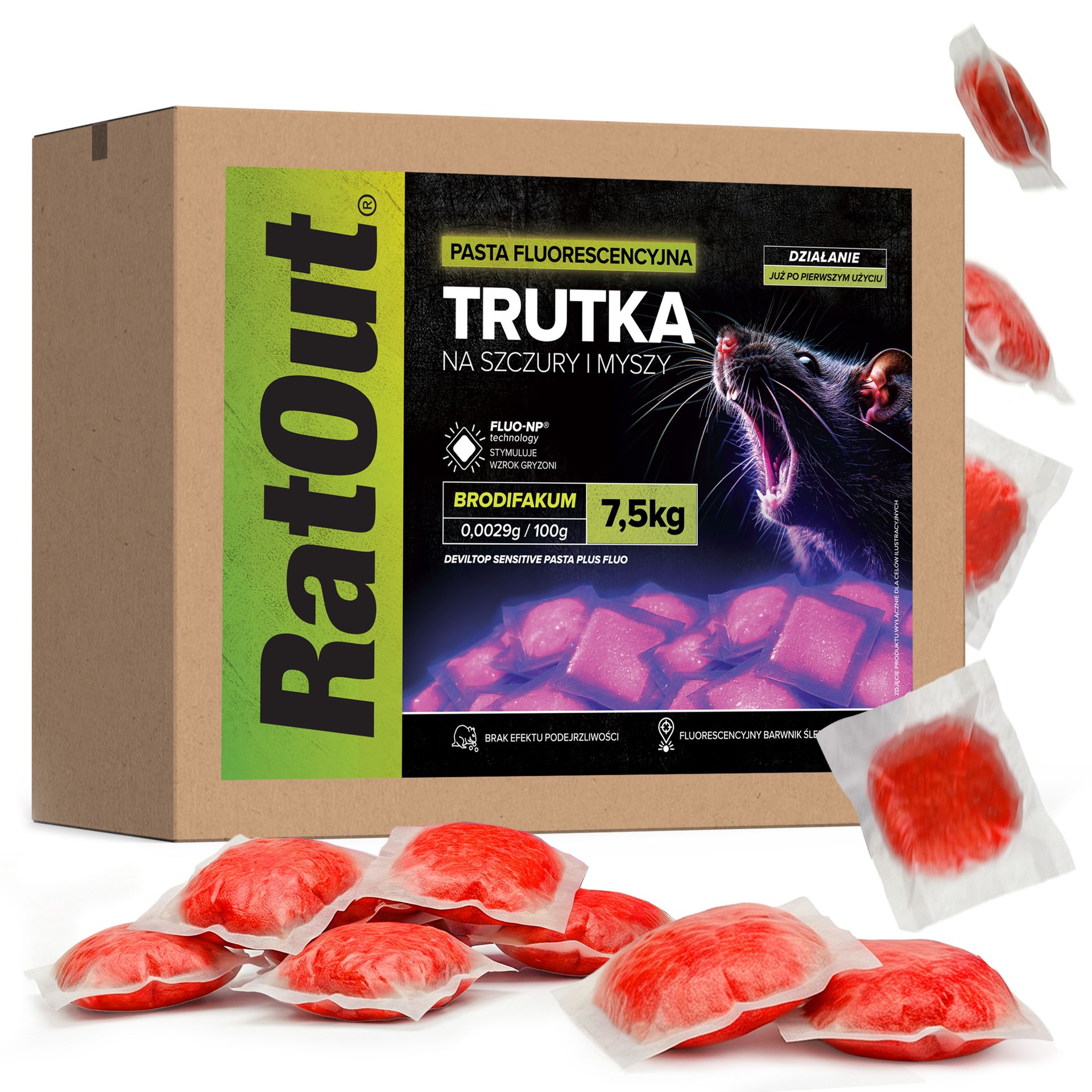 RatOut® Trutka na myszy, szczury, gryzonie, pasta fluorescencyjna brodifakum karton 15 kg
