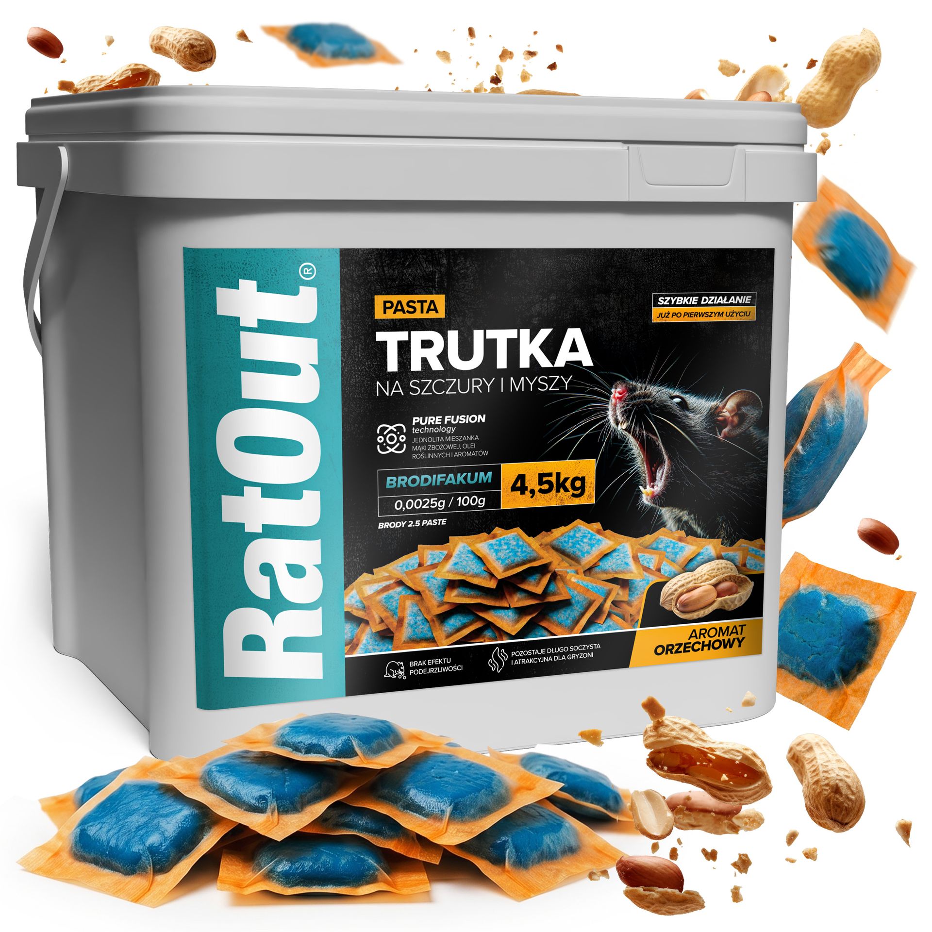 RatOut® Trutka na szczury, myszy, gryzonie, pasta orzechowa brodifakum wiadro 4,5 kg