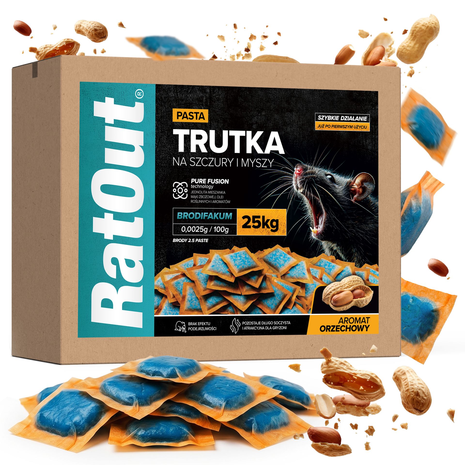 RatOut® Trutka na szczury, myszy, gryzonie, pasta orzechowa brodifakum karton 25 kg