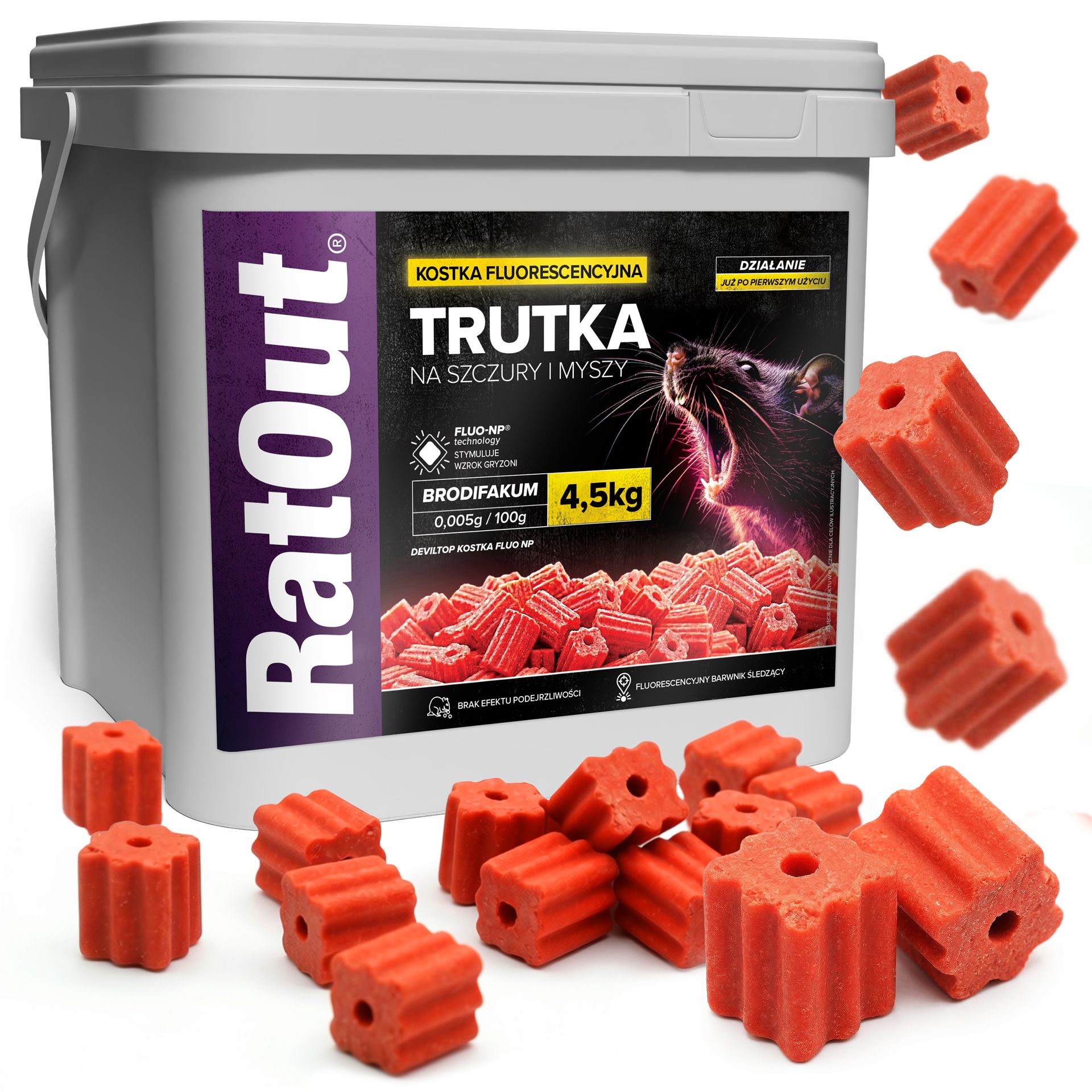 RatOut® Najmocniejsza trutka na szczury, myszy, gryzonie od kostka fluorescencyjna brodifakum wiadro 4,5 kg