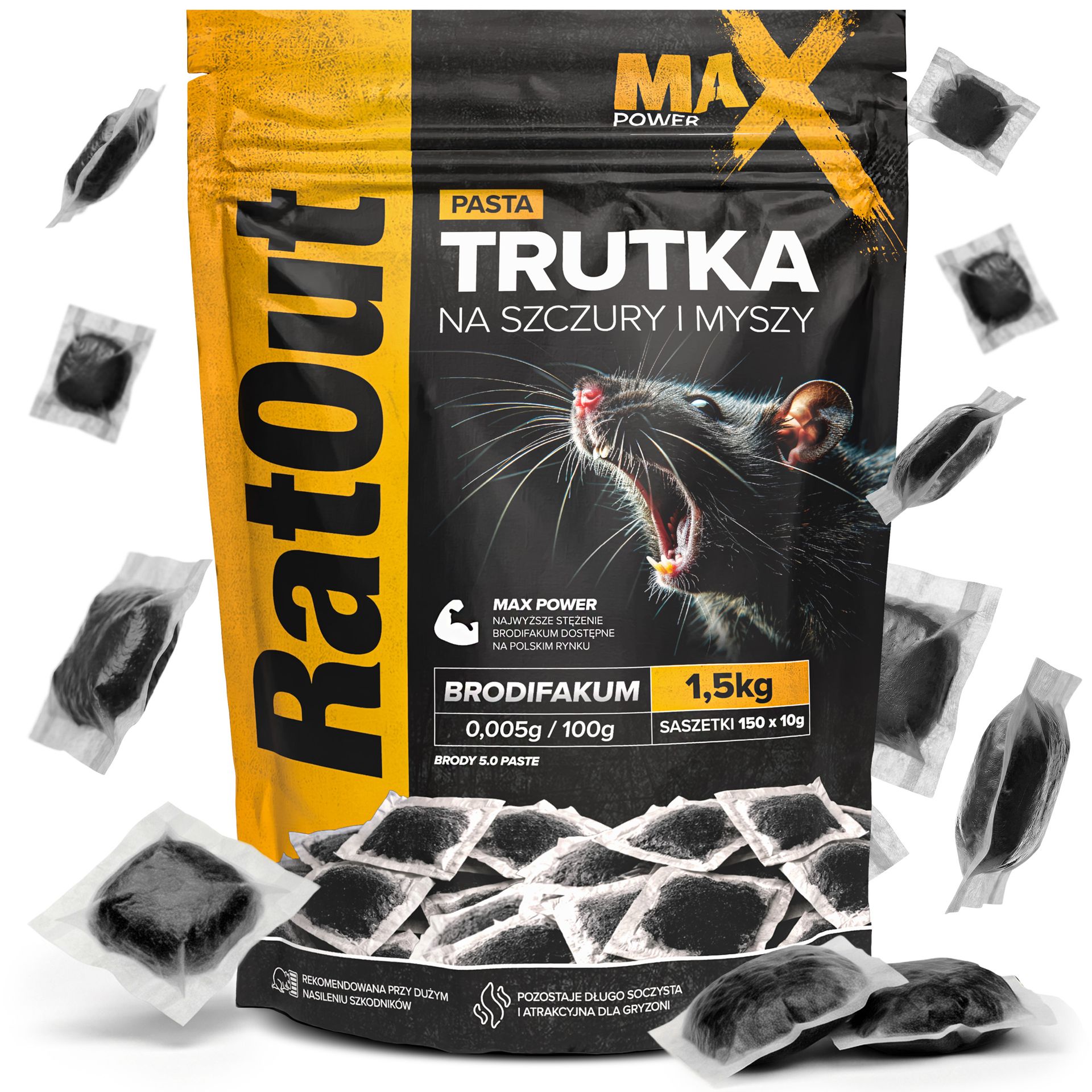 RatOut® Najmocniejsza trutka na szczury, myszy, gryzonie od pasta brodifakum MaX Power 1,5 kg