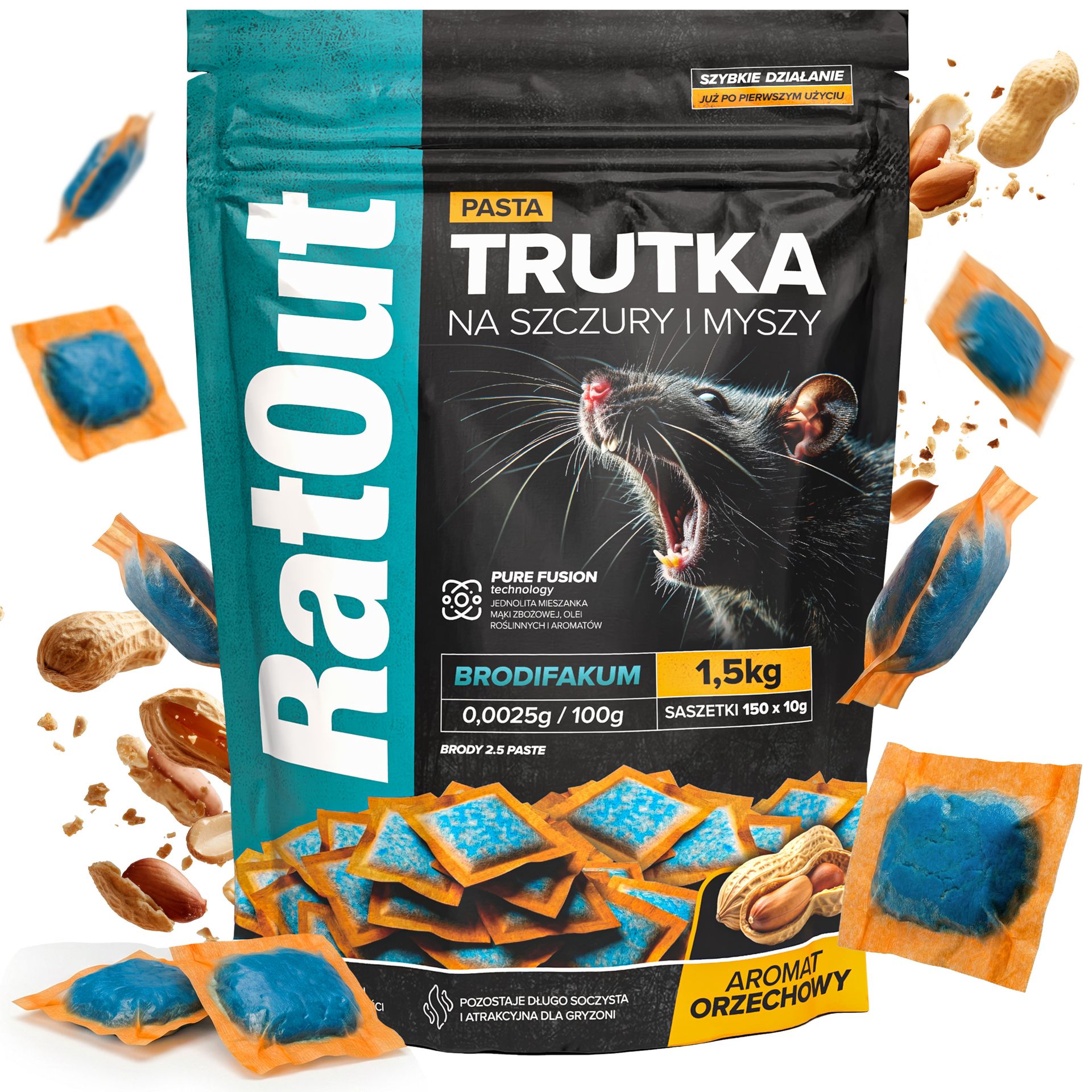 RatOut® Trutka na szczury, myszy, gryzonie, pasta orzechowa brodifakum worek 1,5 kg