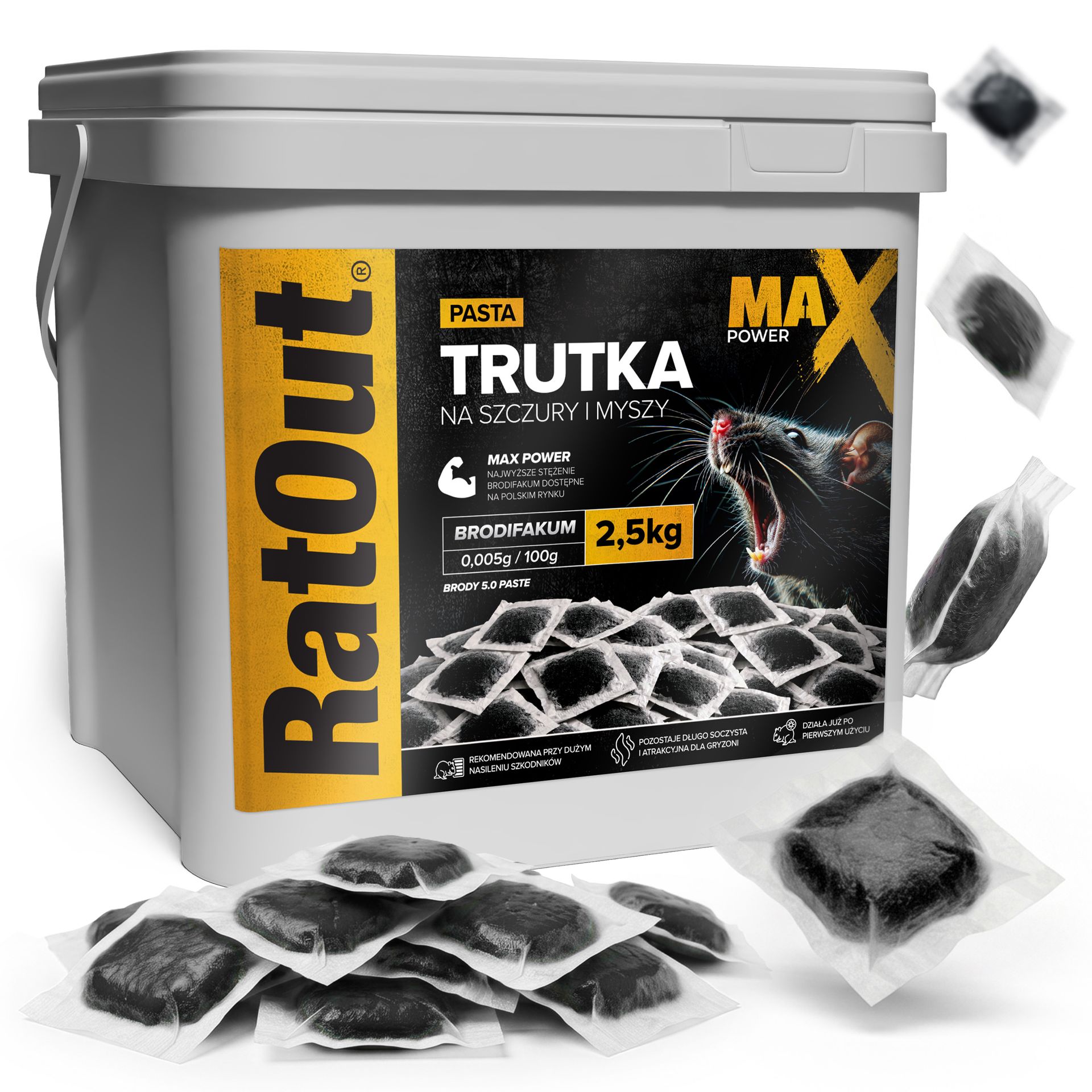 RatOut® Najmocniejsza trutka na szczury, myszy, gryzonie od pasta brodifakum MaX Power 2,5 kg