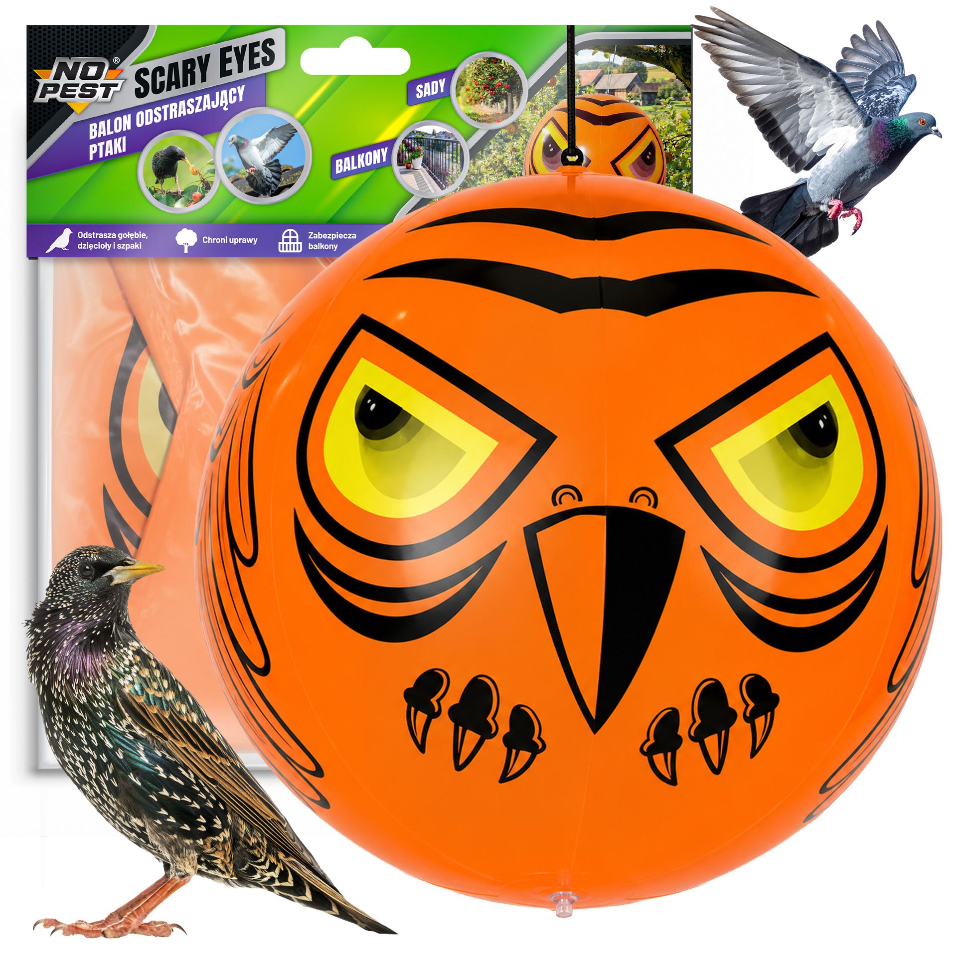 No Pest® Odstraszacz ptaków balon pomarańczowy na balkon, do ogrodu, sadu Scary Eyes