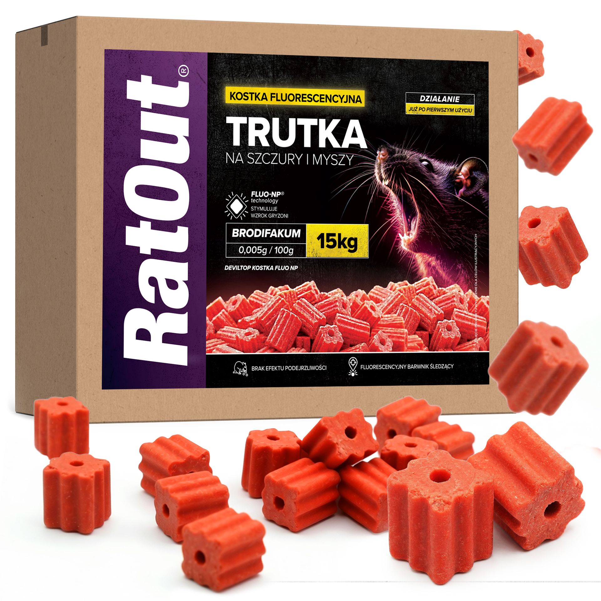 RatOut® Trutka na gryzonie, szczury, myszy, kostka fluorescencyjna brodifakum karton 15 kg