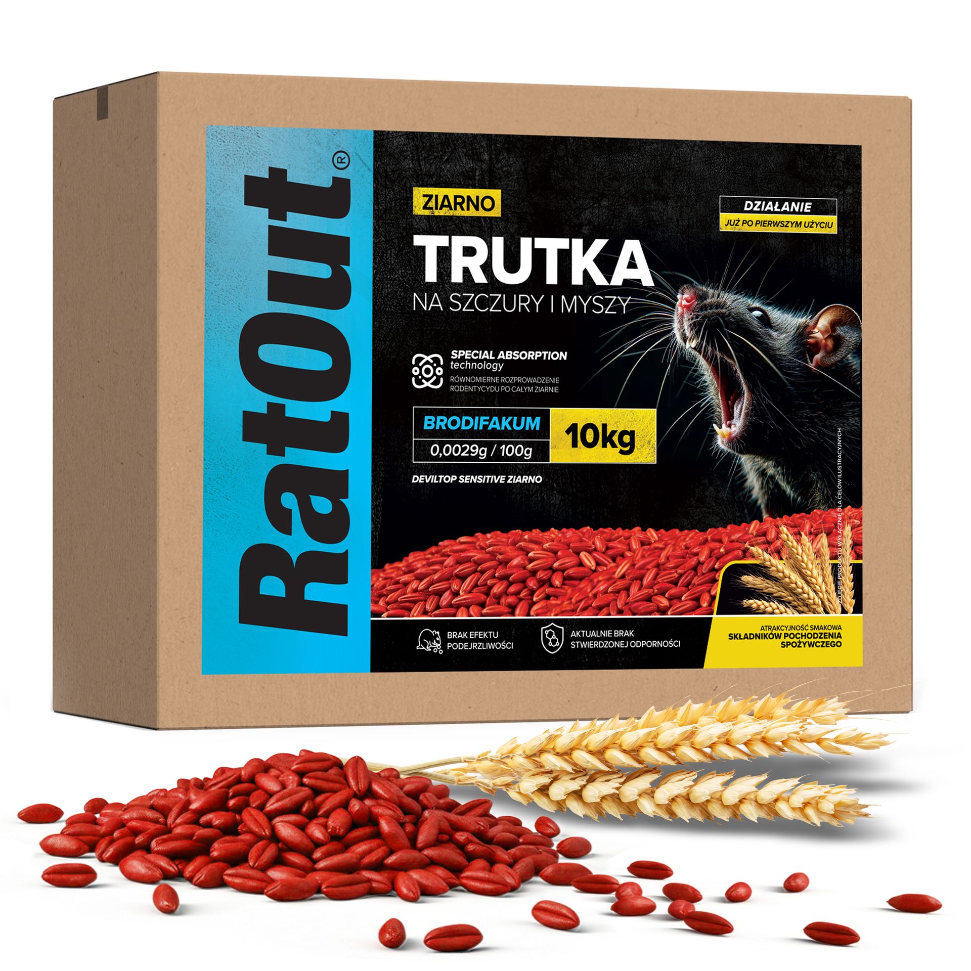 RatOut® Trutka na myszy, szczury, gryzonie, zatrute ziarno brodifakum karton 10 kg