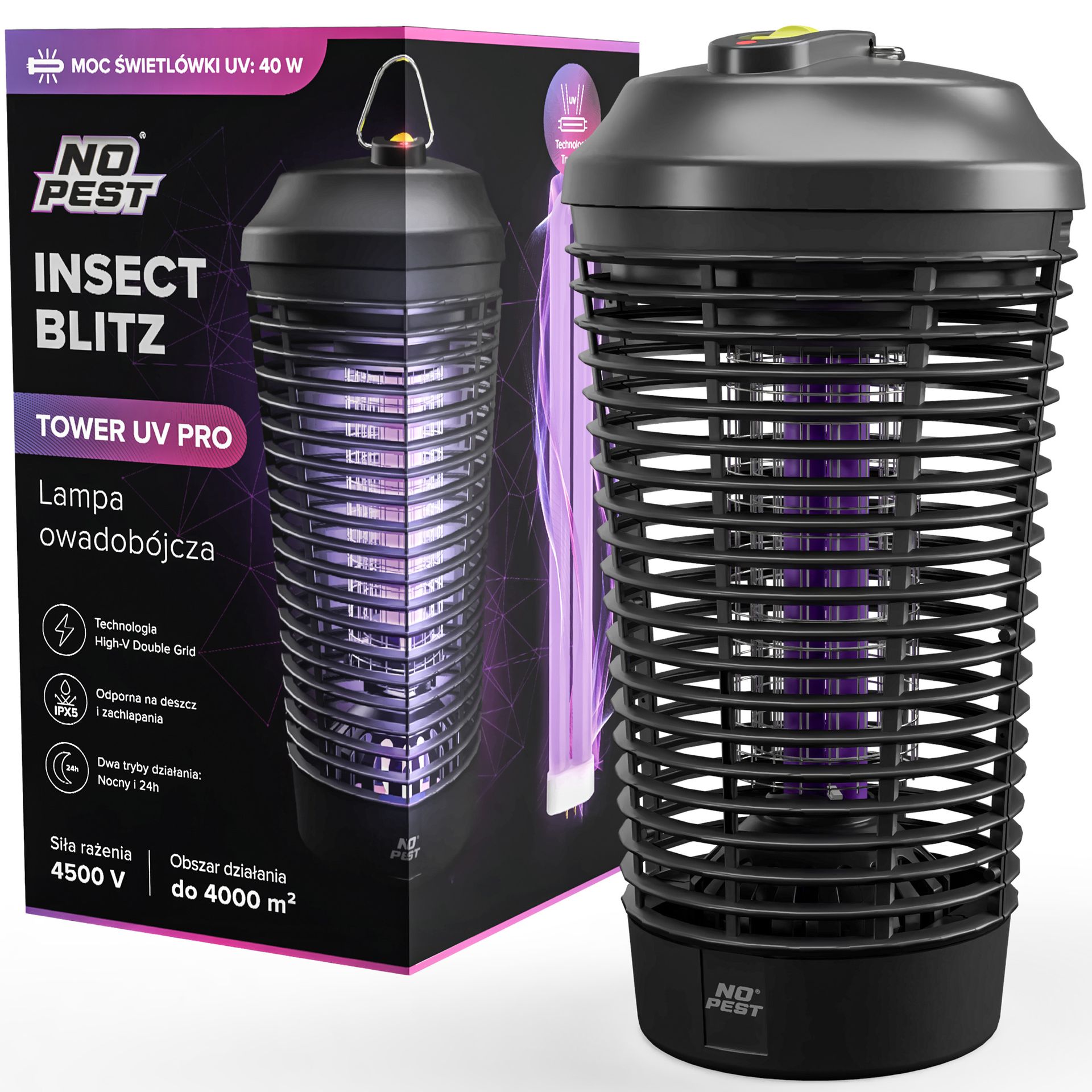 No Pest® Duża lampa owadobójcza na komary, muchy, mole, owady latające Insect Blitz Tower 40W 45 x 23 cm