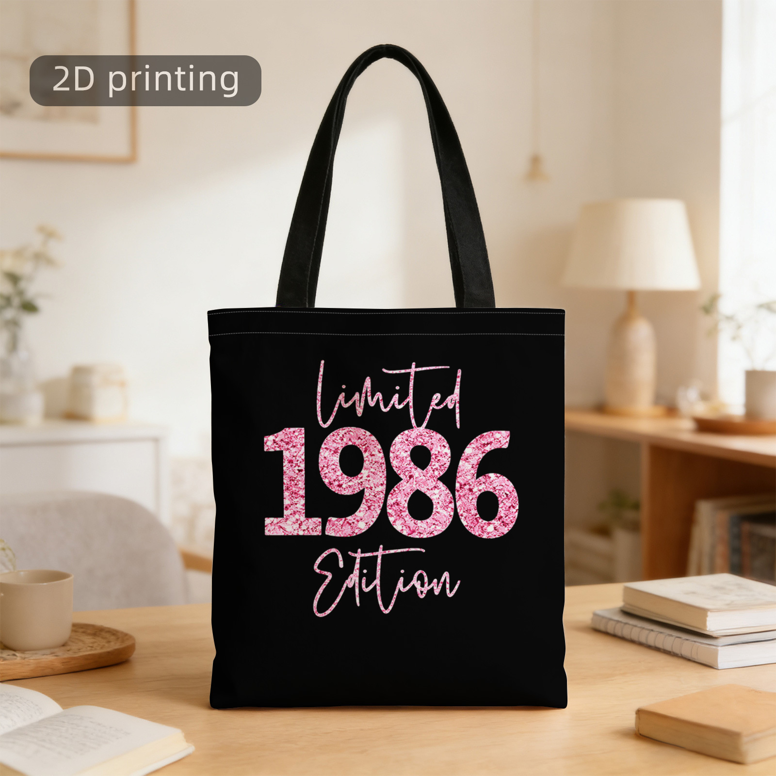 TEMU 1 szt. Torba tote z nadrukiem 2D, limitowana edycja 1986, różowy brokat, czarne tło, wielokrotnego użytku, stylowa torba na ramię, torba tote,