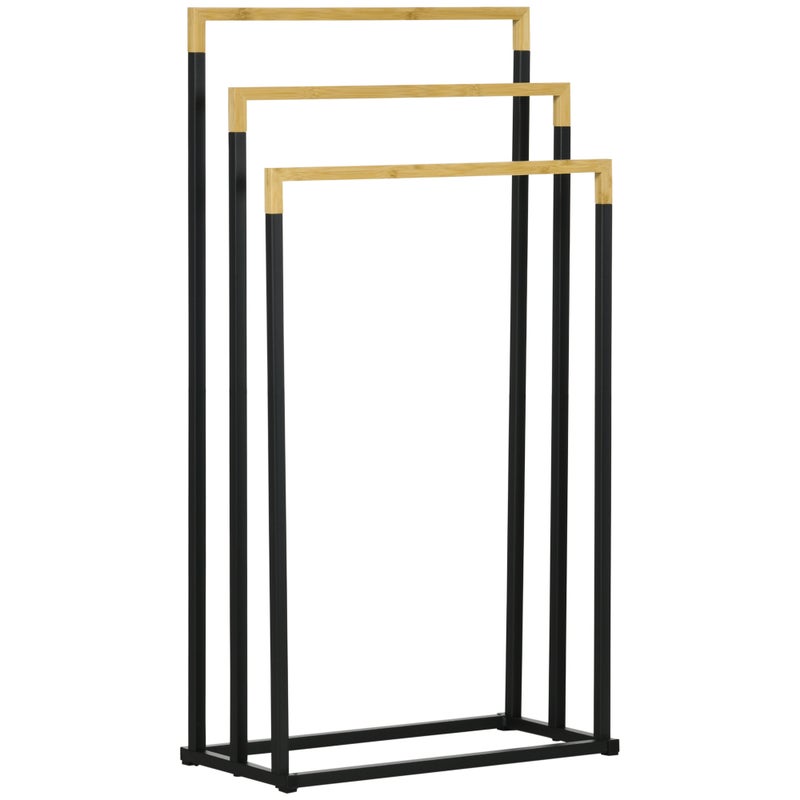 Zestaw 3 wieszaków na ręczniki, wzór industrialny, bambus, 45 x 22,5 x 86 cm, czarny + naturalny