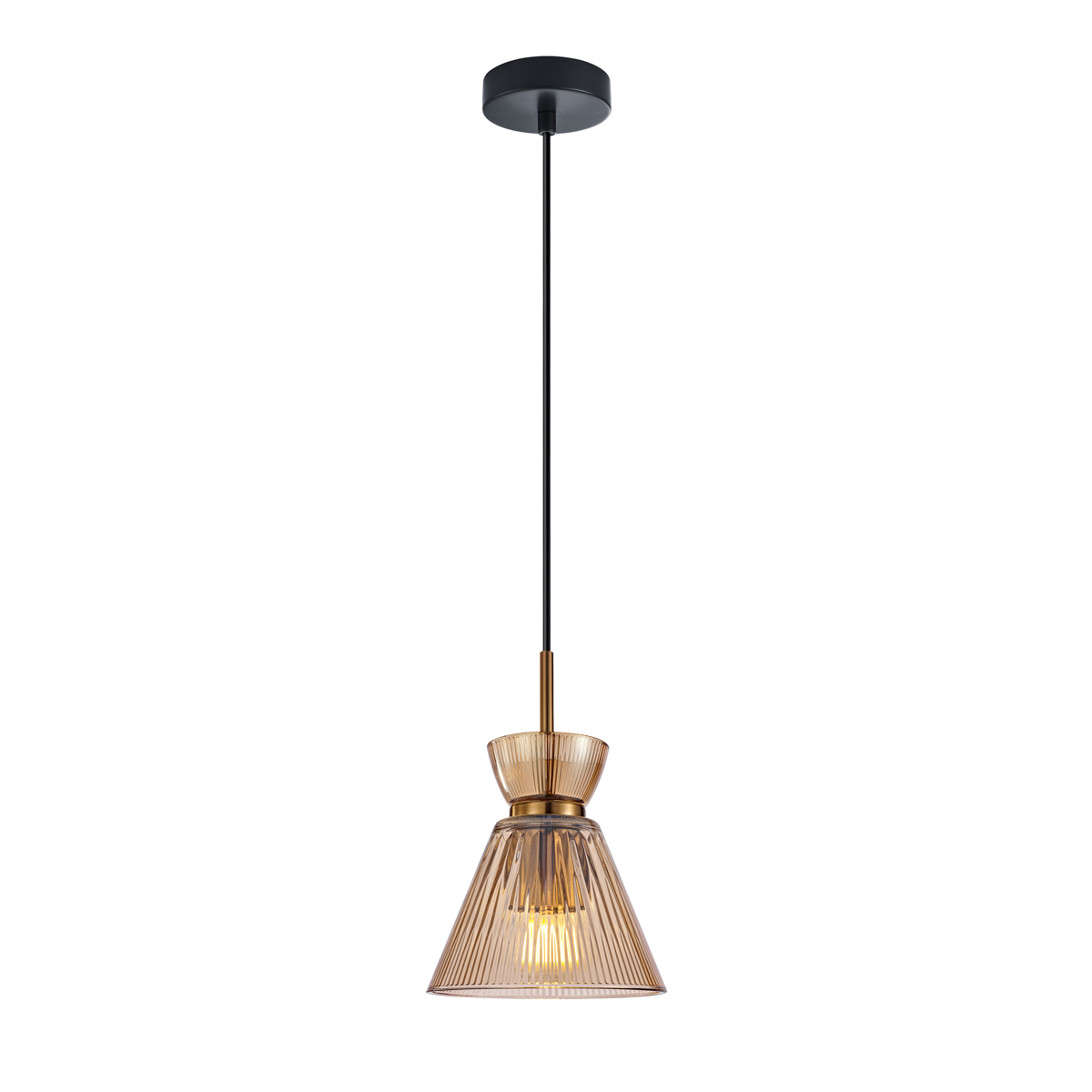 BALME lampa wisząca czarno-złota klosz podwójny stożek ryflowany amber 1xE27 PND-3627-1-BRO-AMB