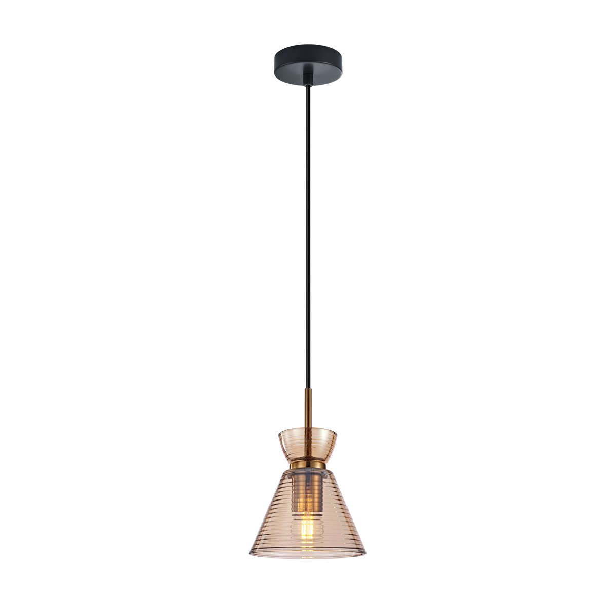 BALME lampa wisząca czarno-złota klosz podwójny stożek prążkowany amber 1xE27 PND-3621-1-BRO-AMB
