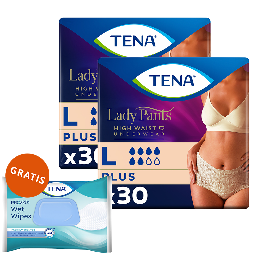 Zestaw Tena Lady Pants Creme Plus, majtki chłonne, rozmiar L, 95-130 cm, 2 x 30 sztuk + chusteczki nawilżane 3w1, z klipsem, 48 sztuk gratis