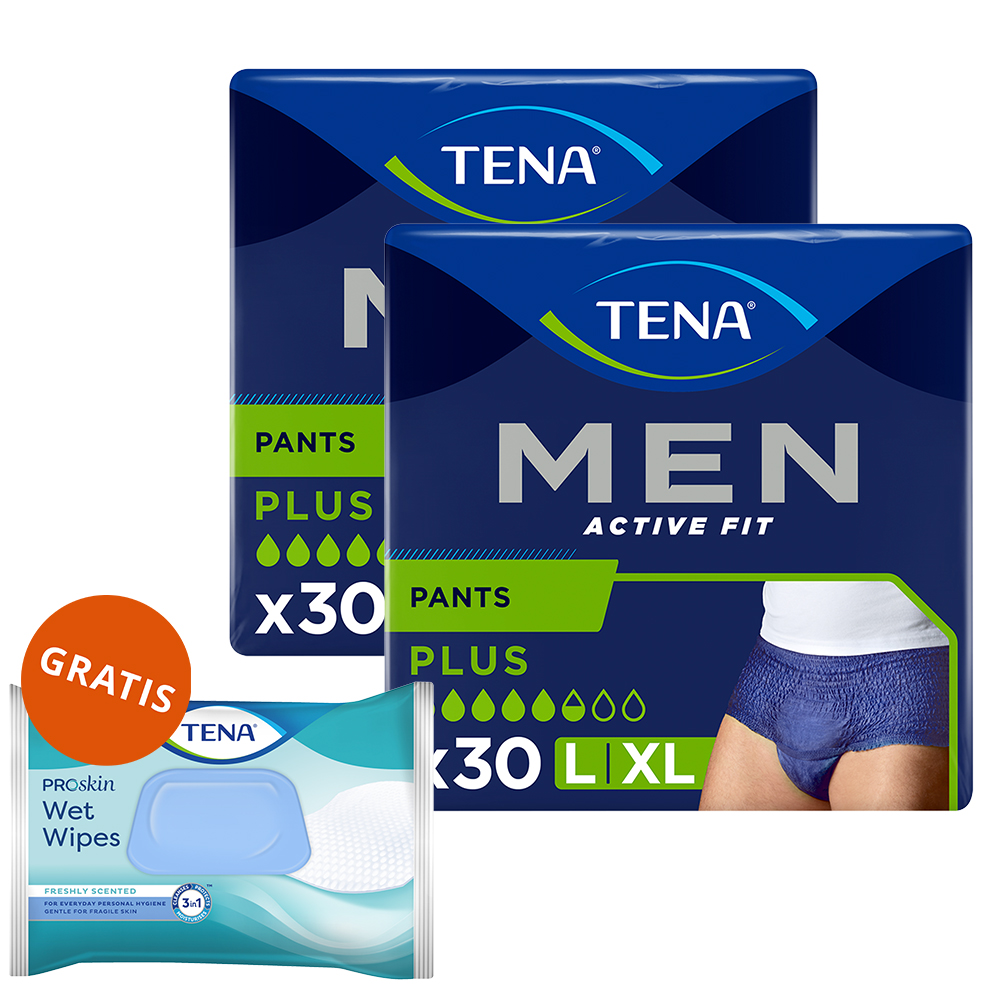Zestaw Tena Men Active Fit Pants, majtki chłonne, rozmiar L/XL, 95-130 cm, Plus, 2 x 30 sztuk + chusteczki nawilżane 3w1, z klipsem, 48 sztuk gratis
