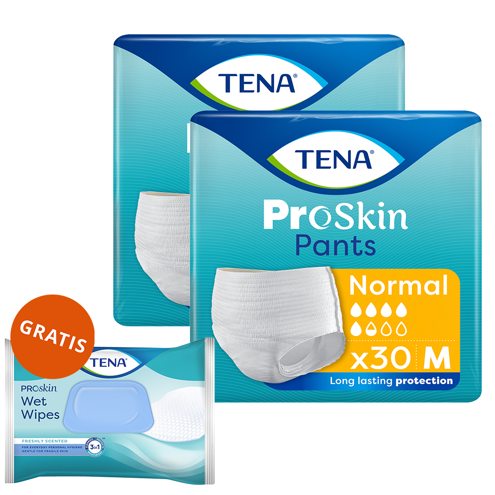 Zestaw Tena Pants ProSkin Normal, majtki chłonne, rozmiar M, 80-110 cm, 2 x 30 sztuk + chusteczki nawilżane 3w1, z klipsem, 48 sztuk gratis