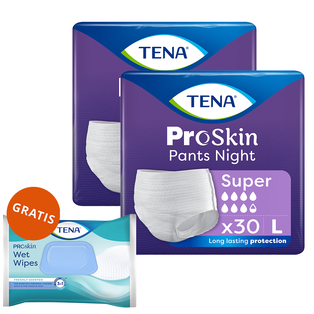 Zestaw Tena Pants ProSkin Super Night, majtki chłonne, rozmiar L, 100-135 cm, 2 x 30 sztuk + chusteczki nawilżane 3w1, z klipsem, 48 sztuk gratis
