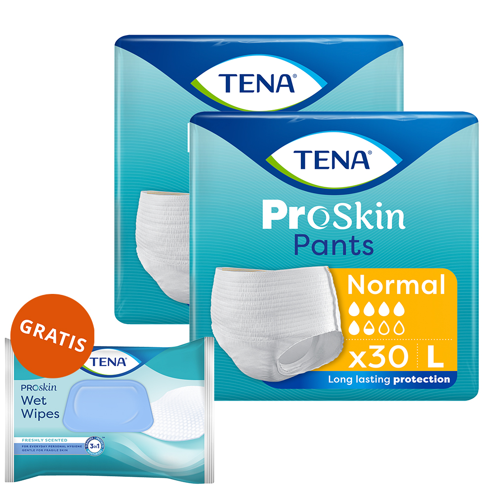 Zestaw Tena Pants ProSkin Normal, majtki chłonne, rozmiar L, 100-135 cm, 2 x 30 sztuk + chusteczki nawilżane 3w1, z klipsem, 48 sztuk gratis