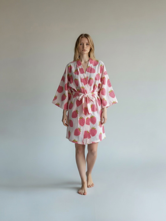 Szlafrok narzutka kimono w truskawki