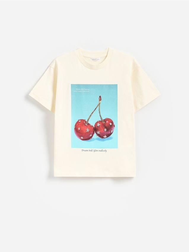 Reserved - T-shirt z nadukiem - kremowy