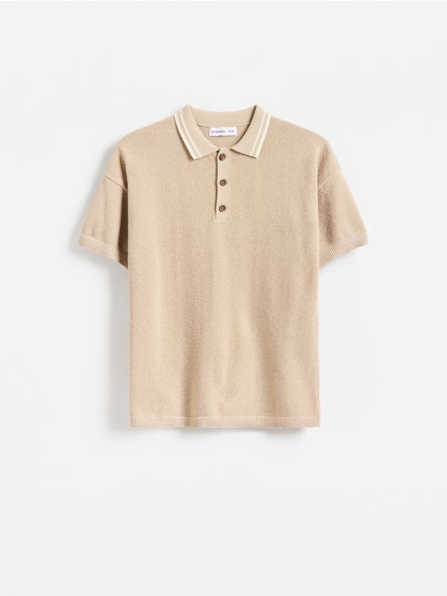 Reserved - Dzianinowe polo z krótkim rękawem - beżowy