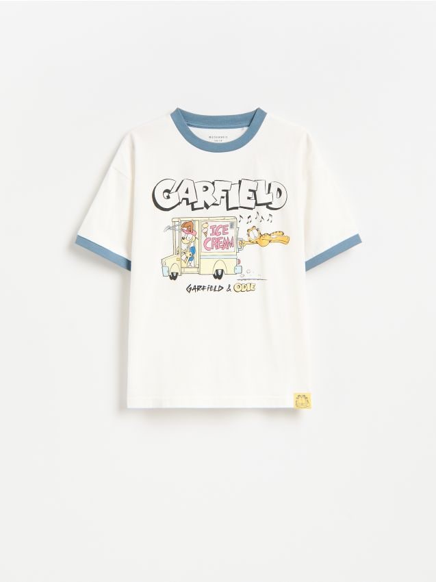 Reserved - Bawełniany t-shirt Garfield - złamana biel