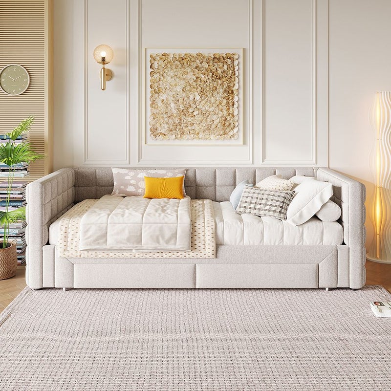Sofa 90 x 200 cm, z kwadratowym oparciem, rozkładane łóżko (do 180 łóżek typu queen-size), 2 szuflady, beżowa