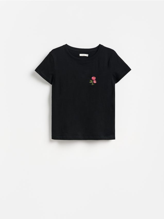 Reserved - Bawełniany T-shirt z haftem - czarny