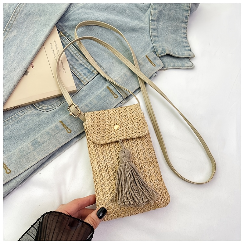 TEMU Letnia Modna Torba Crossbody z Frędzlami Plażowa Torba Słomkowa Mini Torba na Telefon Modna Modna Łatwa Torba na Ramię Mała Torba Organizer