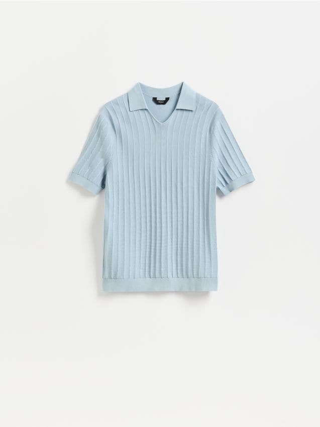 Reserved - Bawełniany sweter polo - jasnoniebieski
