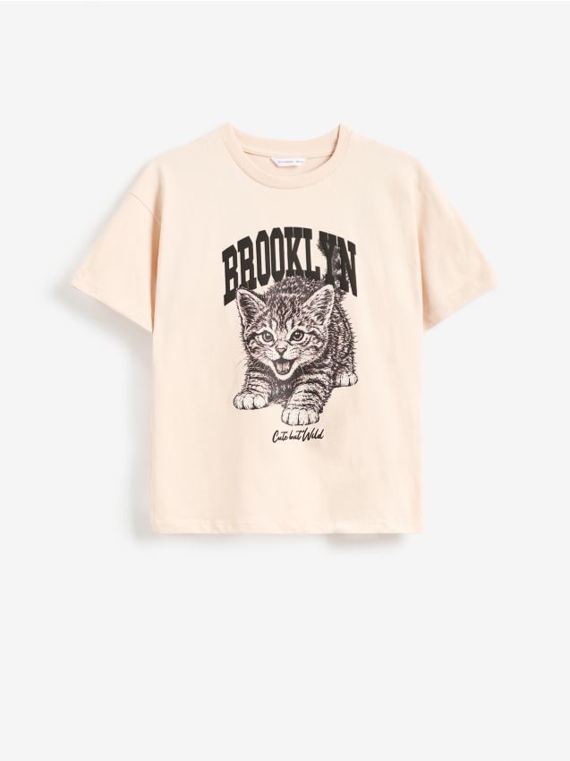 Reserved - Luźny t-shirt z nadrukiem - kremowy