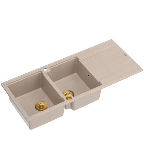 Quadron Zlewozmywak granitowy EVAN 121 – dwukomorowy, wpuszczany, pearl beige/elementy złote HQE11650U2_PVDG1_P2O