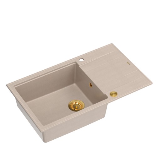 Quadron Zlewozmywak granitowy EVAN 136 XL – jednokomorowy, wpuszczany, pearl beige/elementy złote HCQE58650U2_PVDG1_P2O