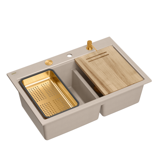 Quadron Zlewozmywak granitowy MARC 120 WORKSTATION – dwukomorowy, wpuszczany, pearl beige/elementy miedziane + AKCESORIA HQC7650U2_PVDC1