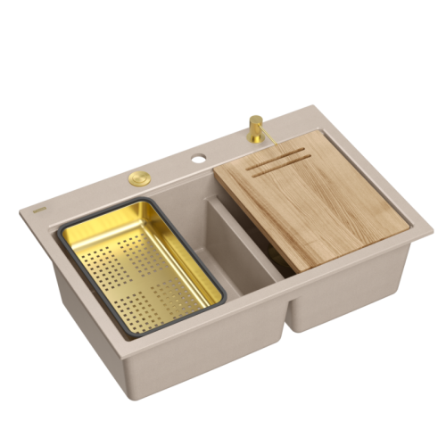 Quadron Zlewozmywak granitowy MARC 120 WORKSTATION – dwukomorowy, wpuszczany, pearl beige/elementy złote + AKCESORIA HQC7650U2_PVDG1