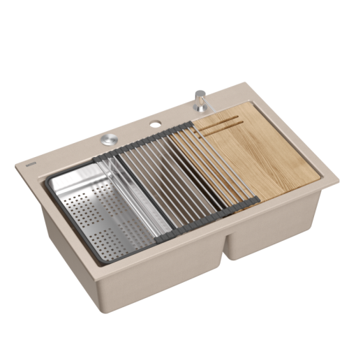 Quadron Zlewozmywak granitowy MARC 120 WORKSTATION – dwukomorowy, wpuszczany, pearl beige/elementy stalowe + AKCESORIA HQC7650U2_BS